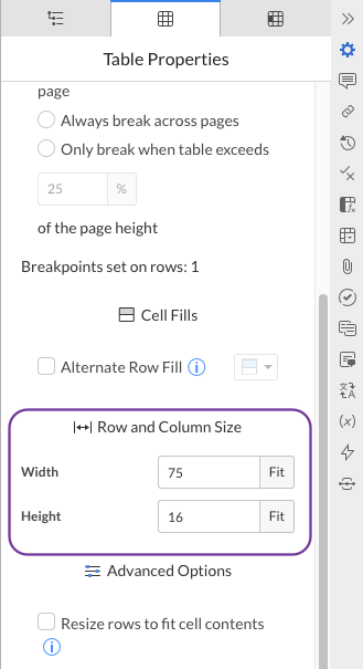 Row and column size section