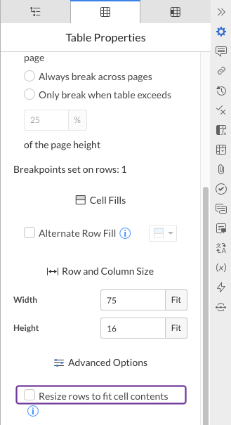 Resize rows to fit cell contents check box