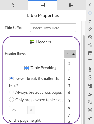 Headers section in table properties menu