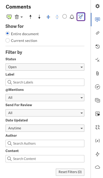 Comments filter panel with options to filter
