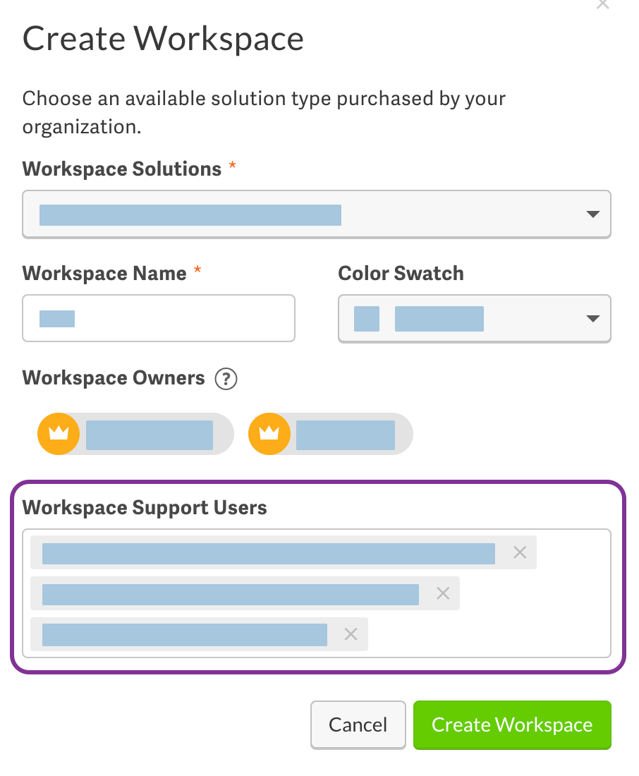 Add support users when creating a workspace