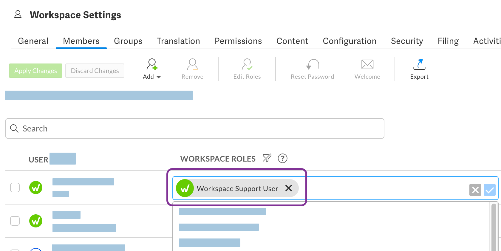 Add Workspace Support User roles in Workspace Roles column