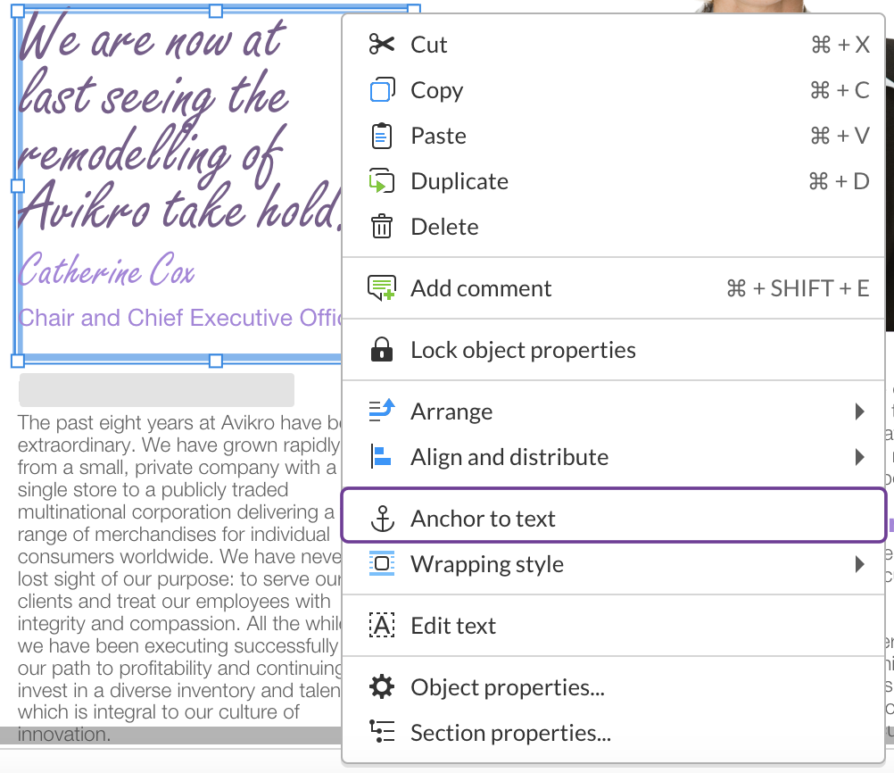 Anchor object to text