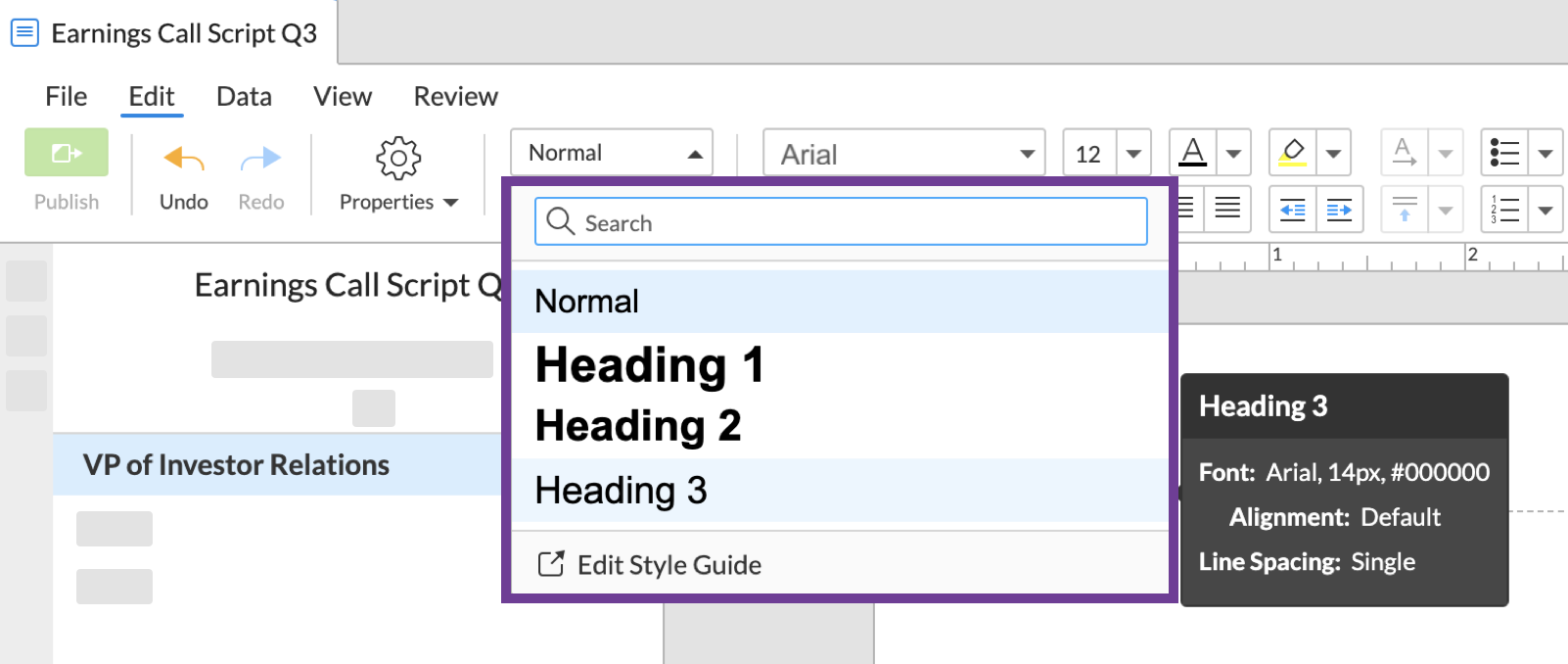 Opening styles menu