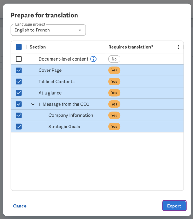 Select sections and export