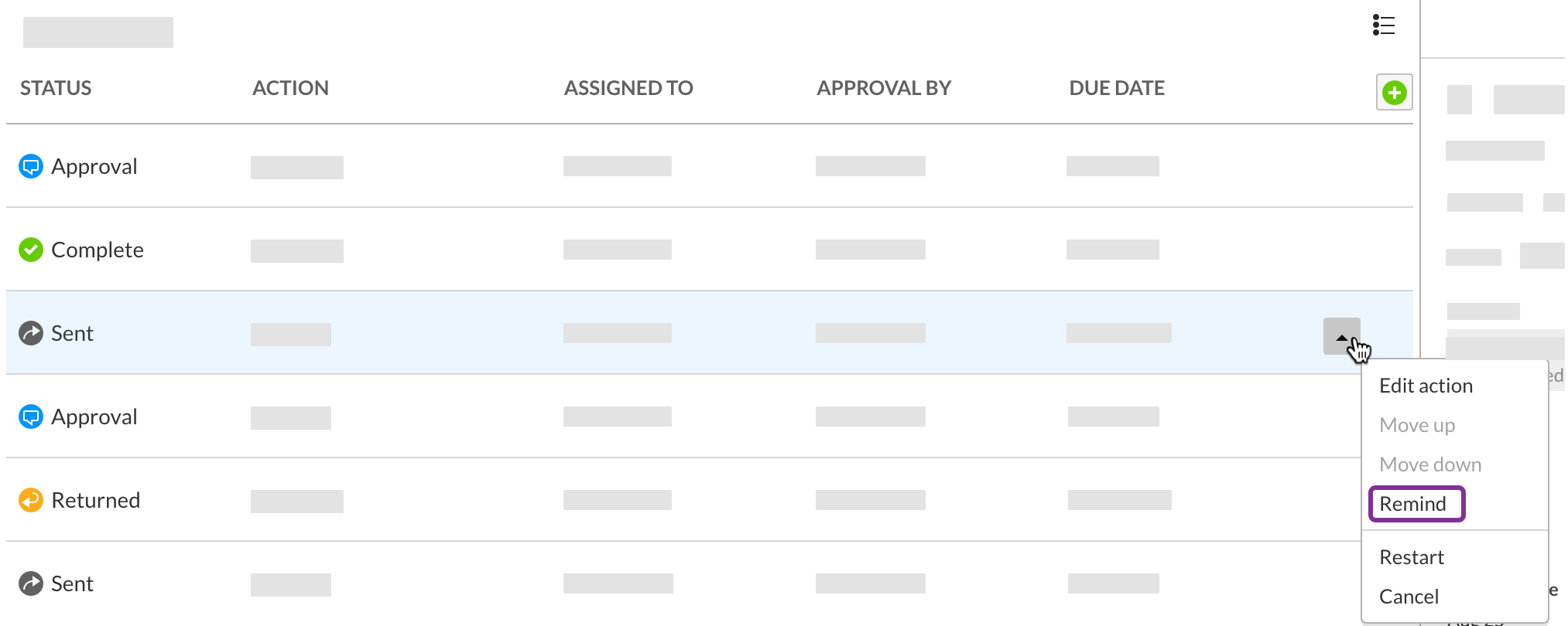 Click the drop-down arrow and select remind