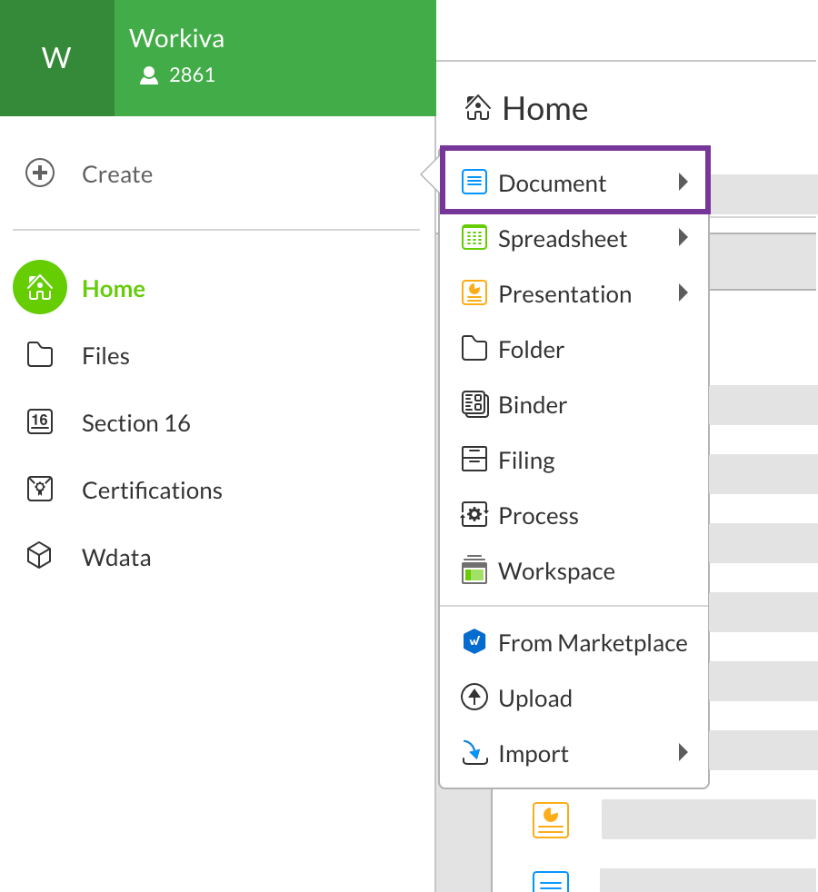 Click Create to open the menu that gives you the option to create a new document