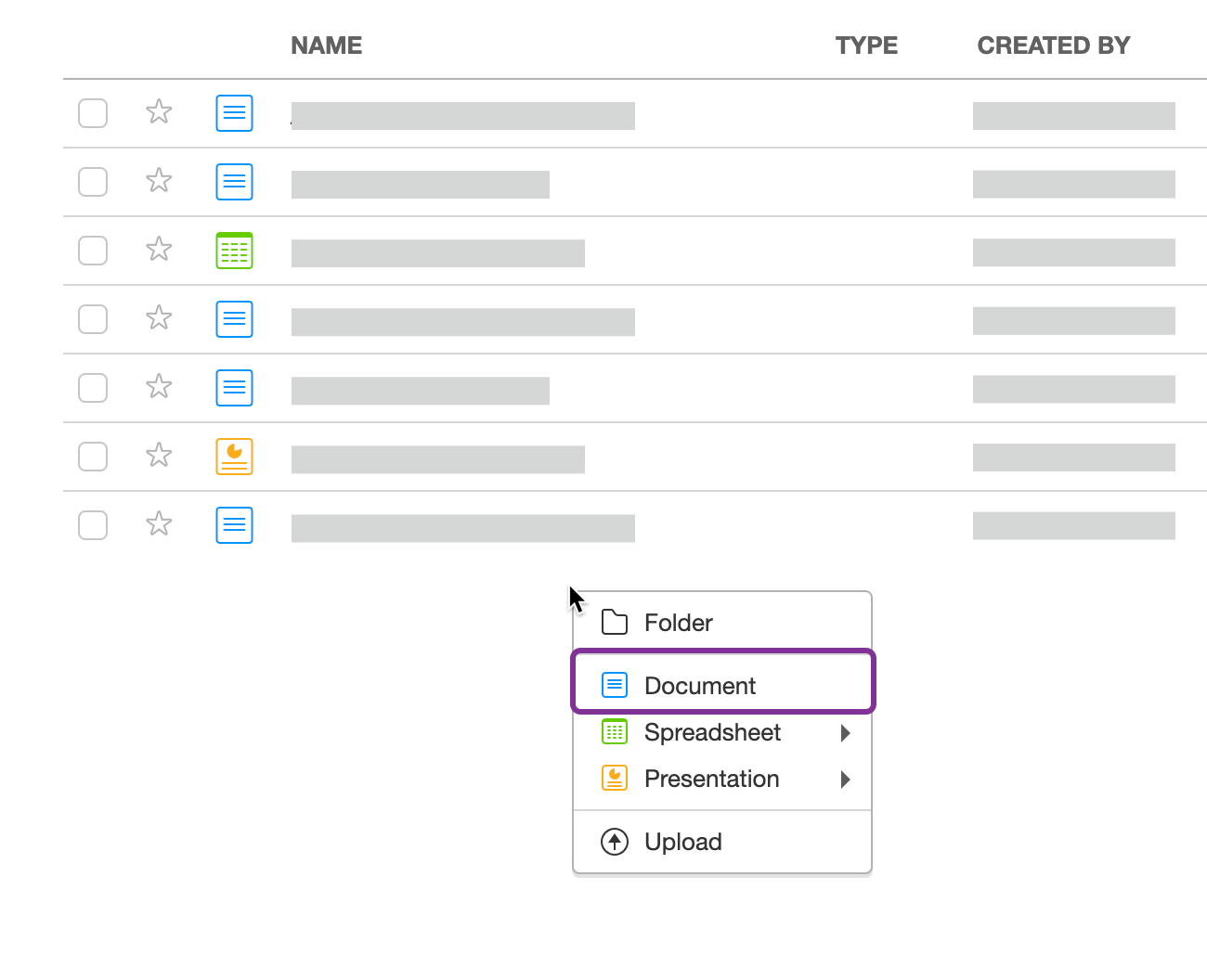 Right-click to create document