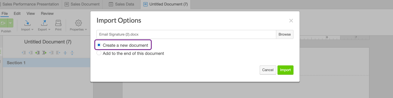 Importing a new document