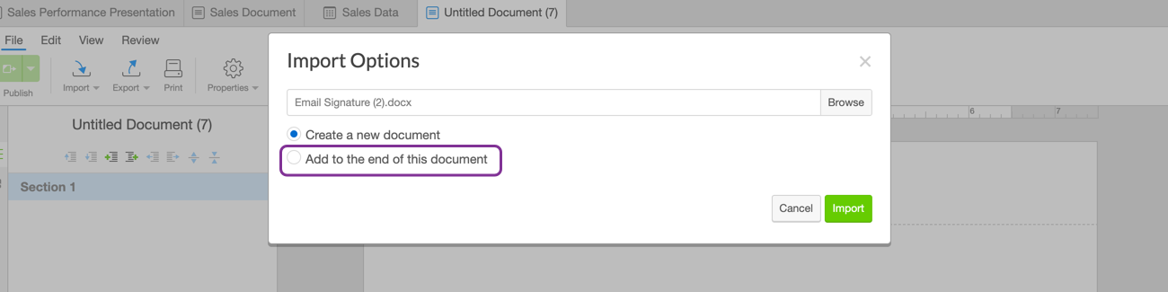 Importing a new document