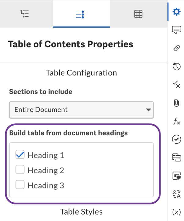 Build a table with document headings section