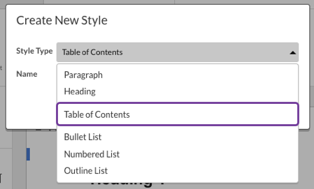 Create table of contents in style guide
