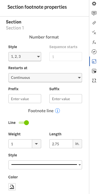 Section footnote properties panel