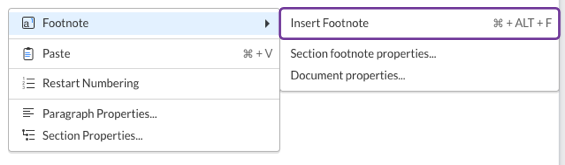 Insert footnote in text through menu
