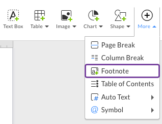 Insert footnote in text through Edit toolbar