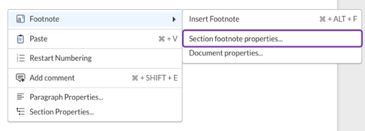Propriétés de la section foonote dans le menu des notes de bas de page