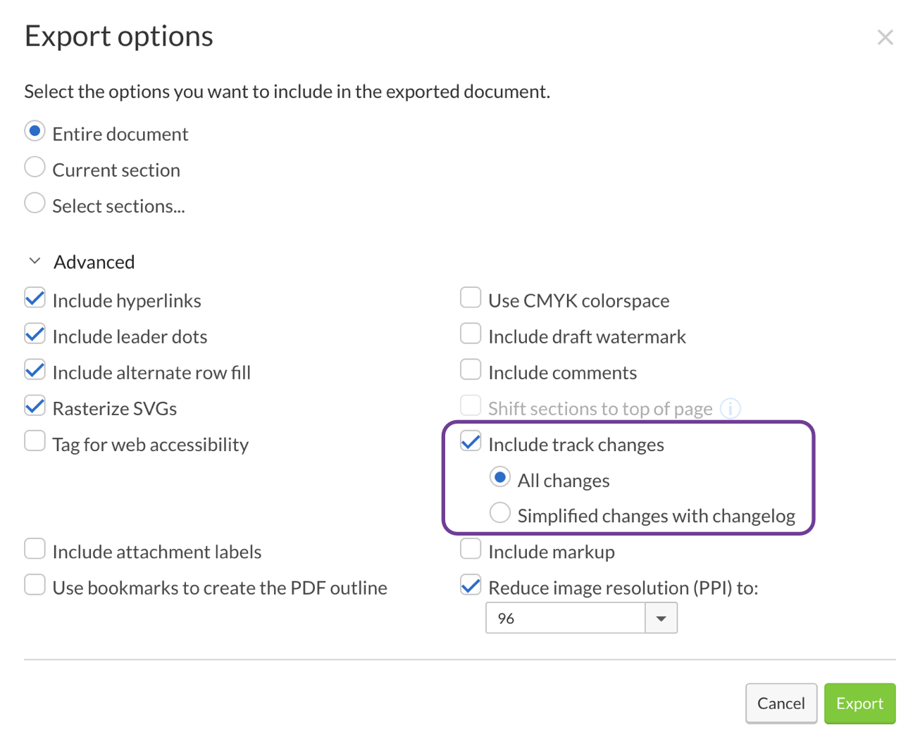Export report with track changes