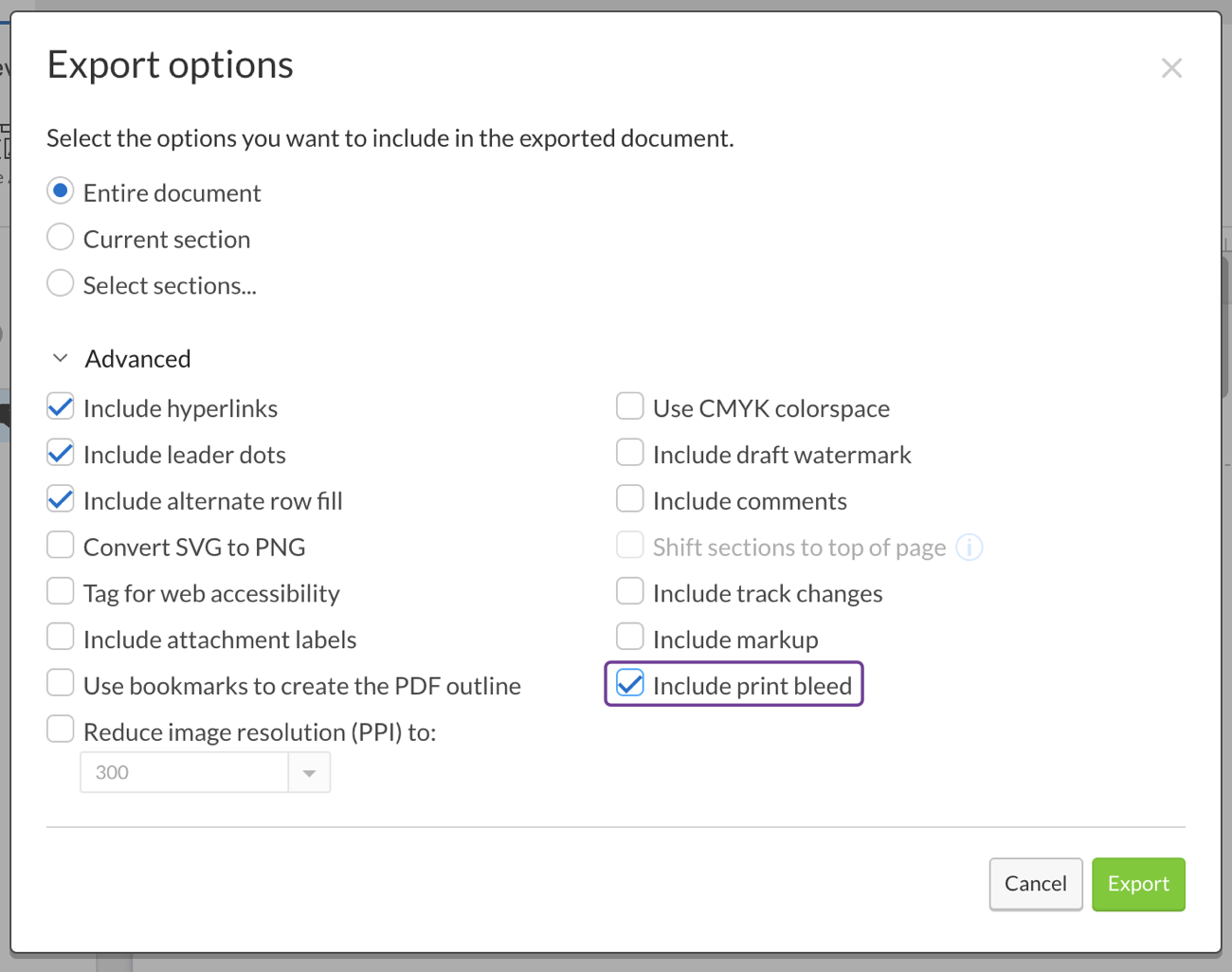 Check to include print bleed for the PDF export