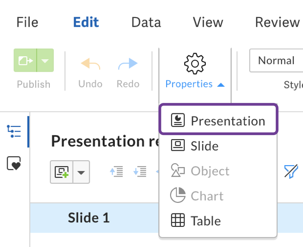 Open Presentation properties