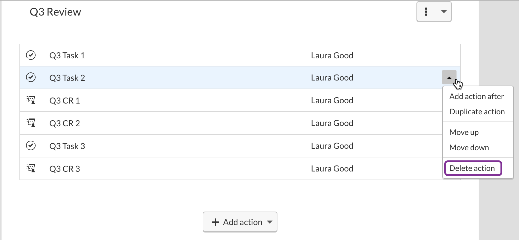 Click the drop-down arrow and select Delete action