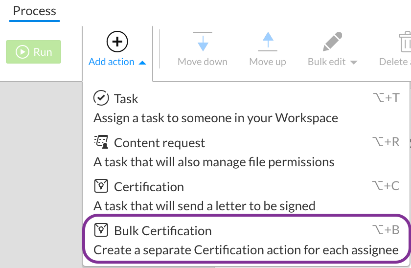 Bulk add certification actions