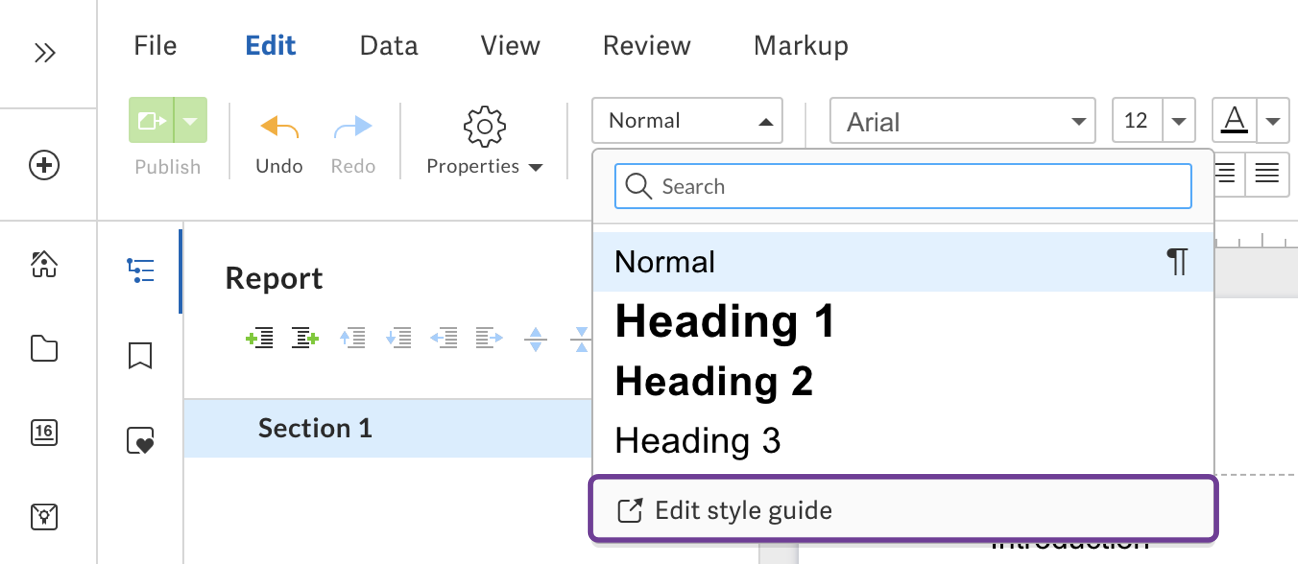 Open the style guide in the Styles menu