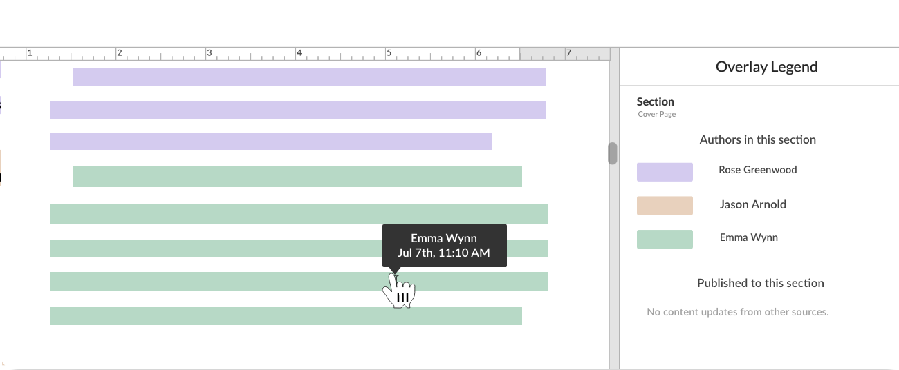 the authorship overlay shows who made the most recent change and when