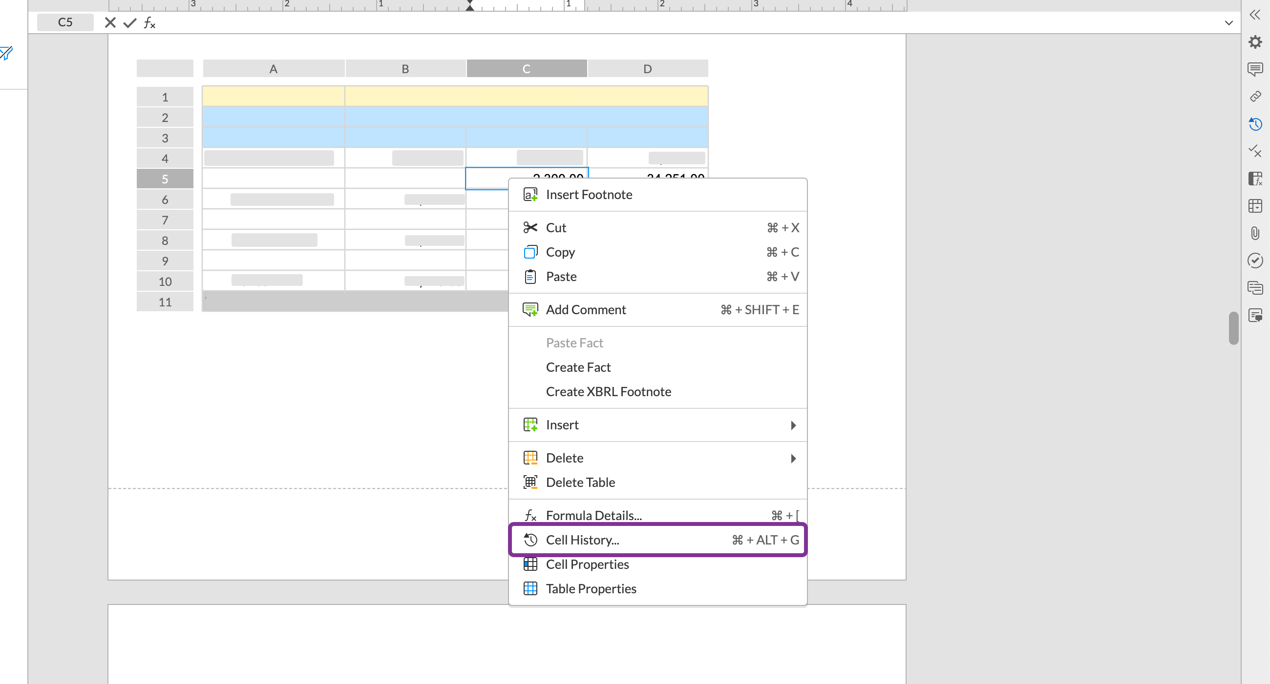 select cell history from the right click menu