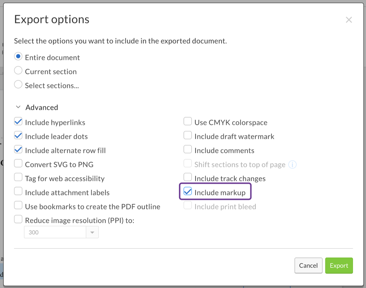 Export options that include markup