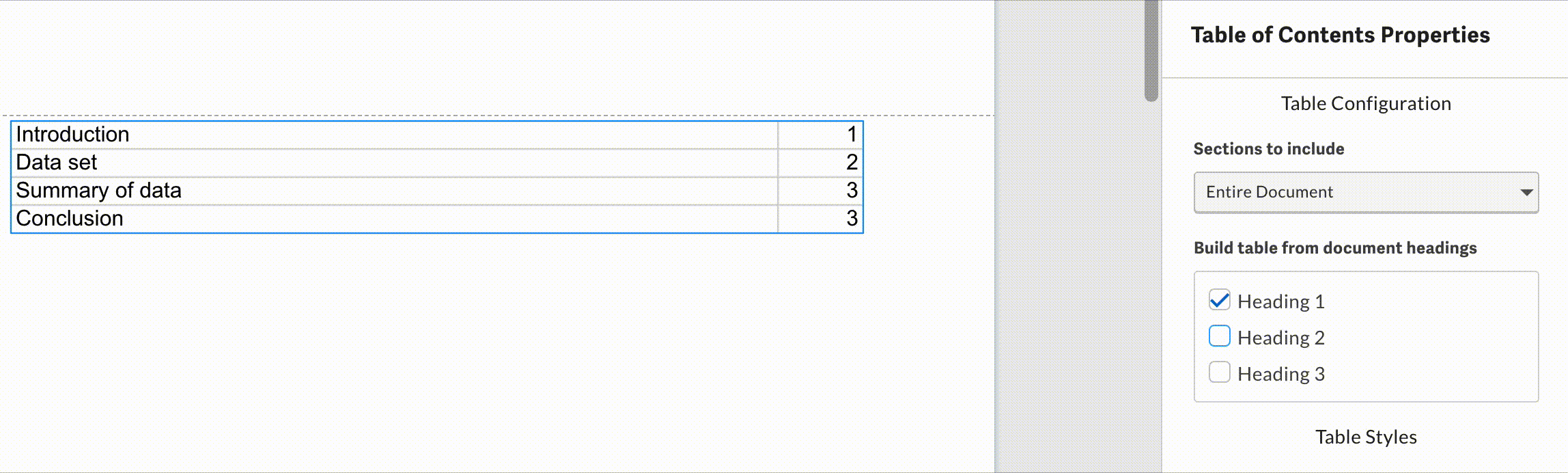Adding headings to table of contents