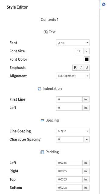 Editor de estilo Tabla de contenidos