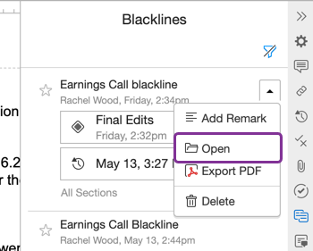 Open a blackline from the panel