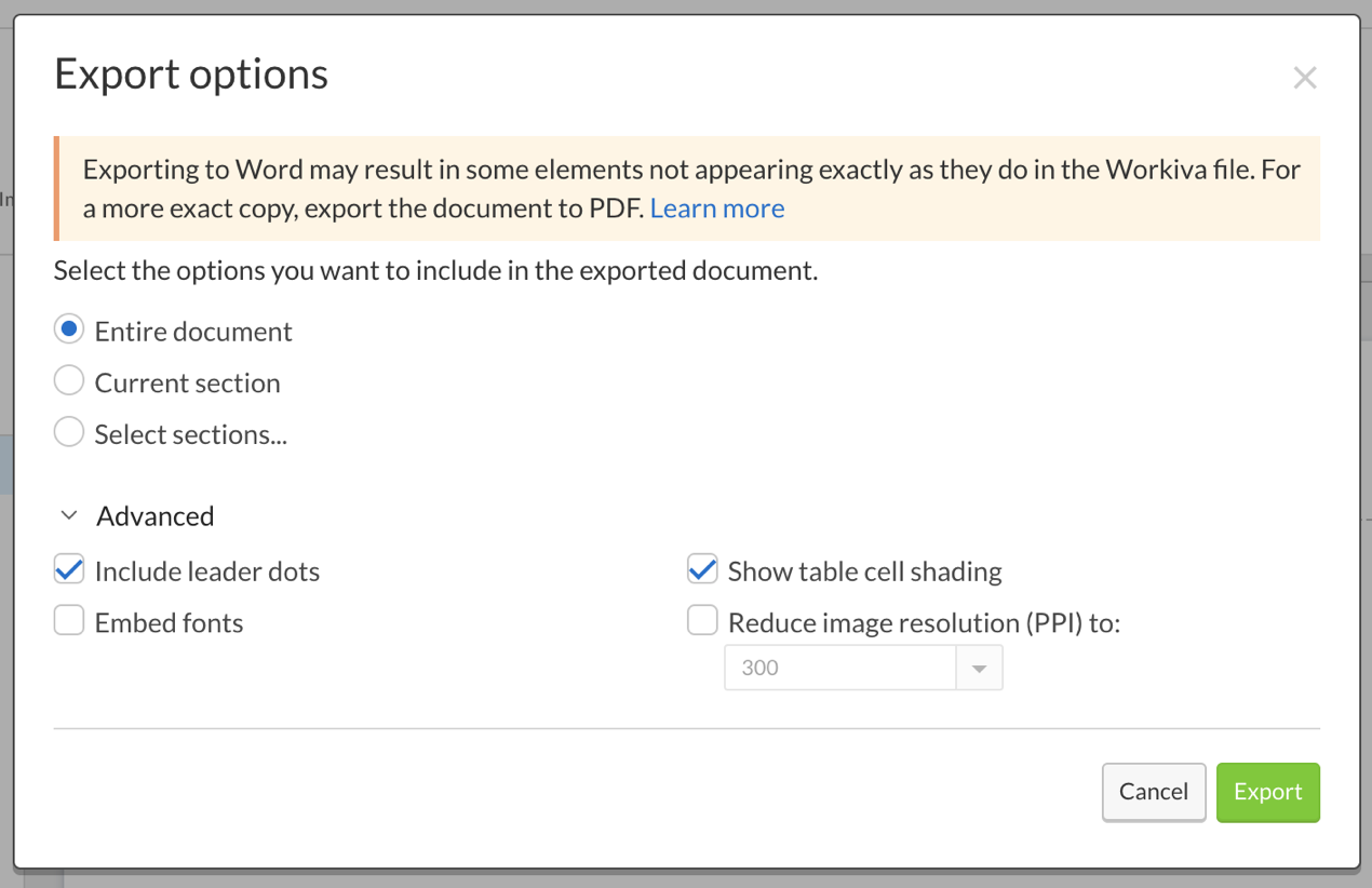 Docx export options