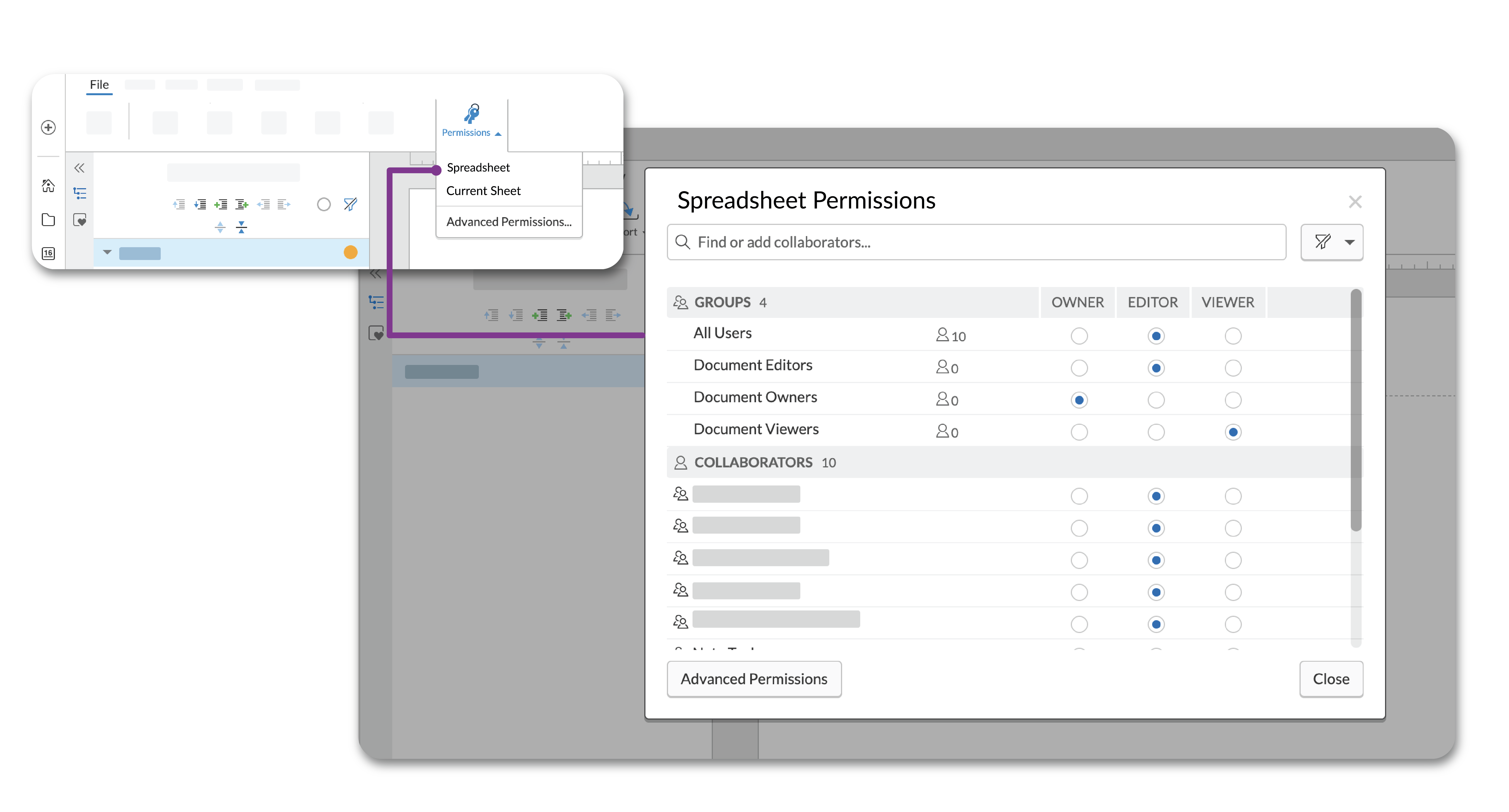 the permissions modal lets you give user access to your spreadsheet or individual sheets