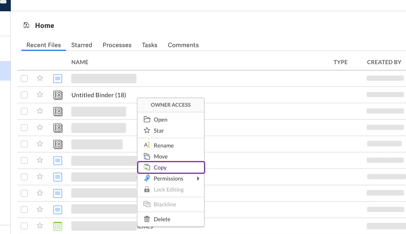 Open dropdown menu of a binder to copy