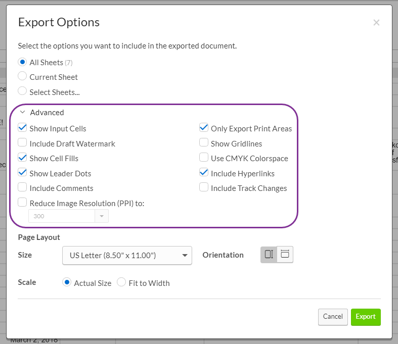 Select options for PDF