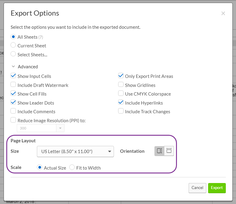 Select page layout options for PDF