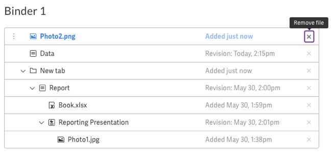 Remove a standalone file by clicking X