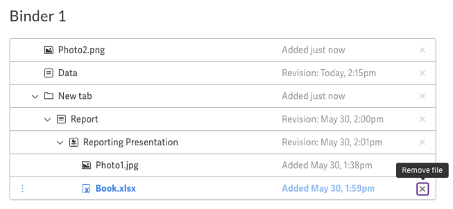 Remove a nested file by clicking X after moving it away from the group
