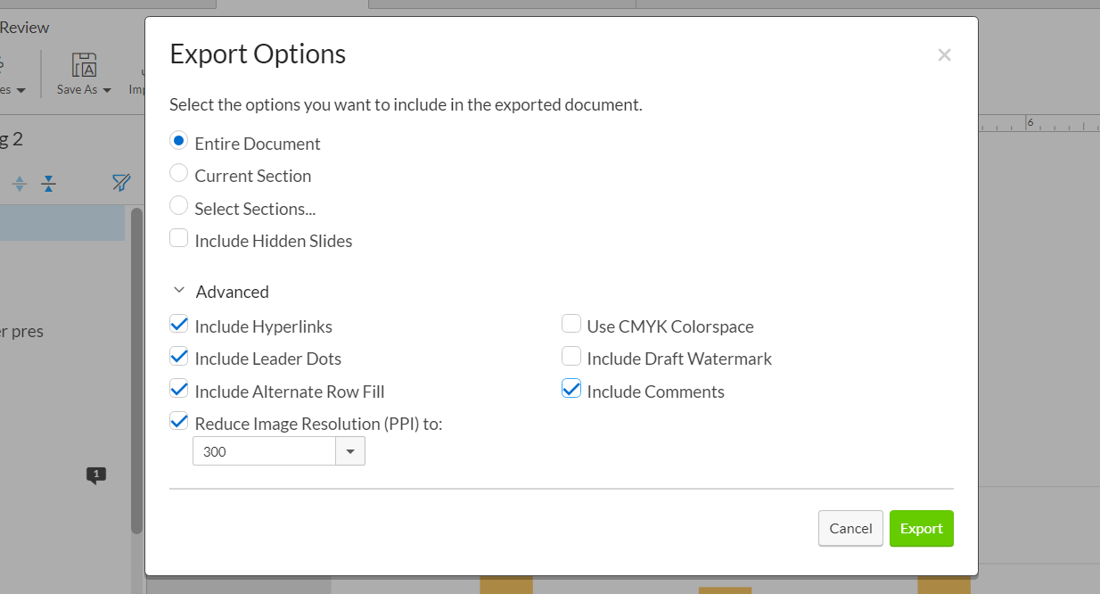 PDF export options for a presentation