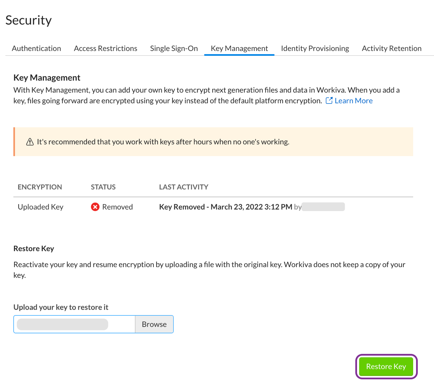 after uploading your key, click Restore Key