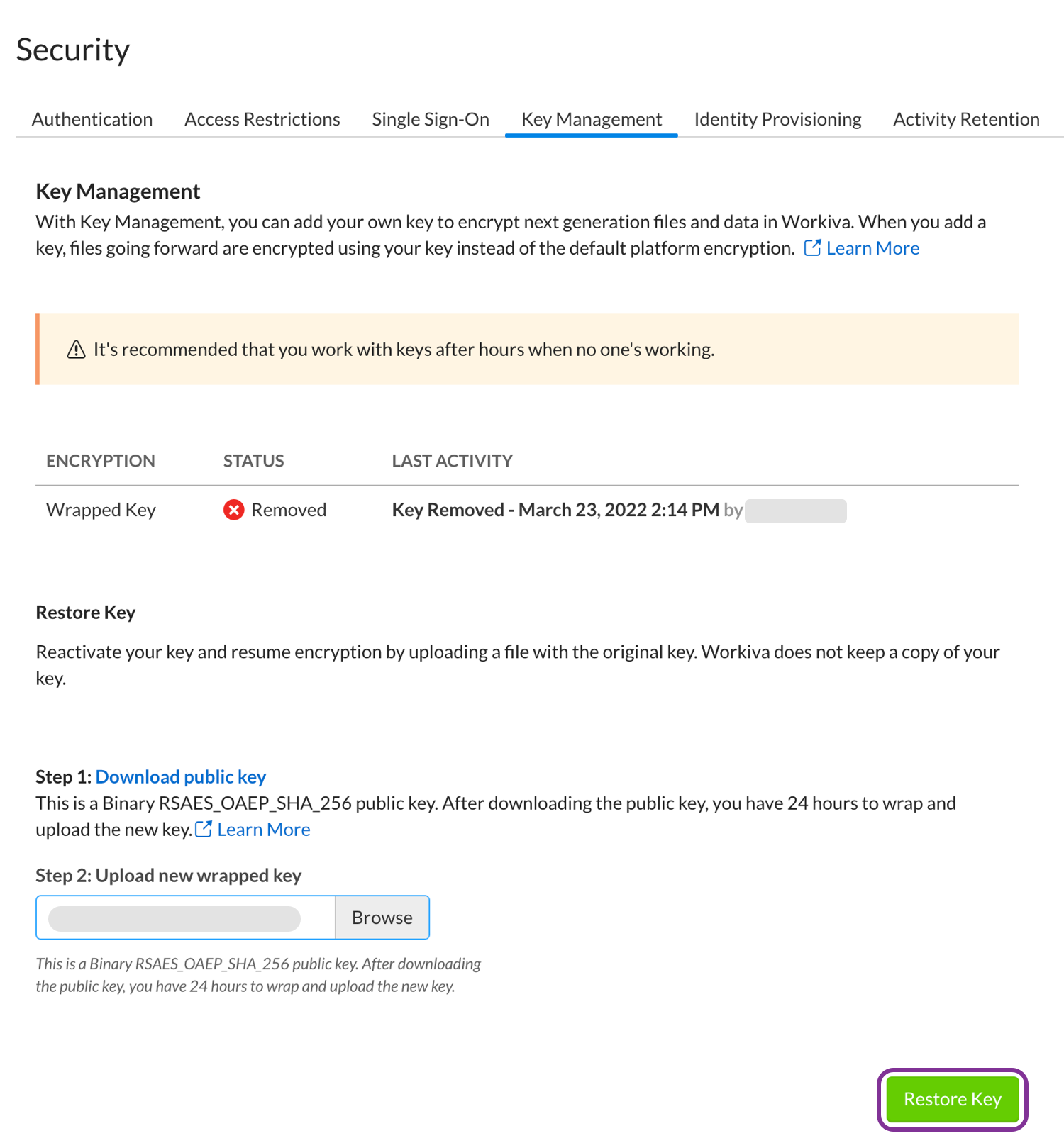 after uploading your wrapped key, click Restore Key
