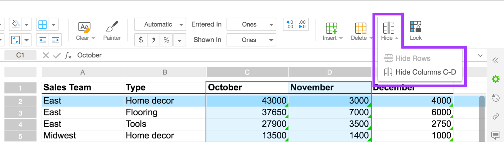 hide rows and columns in spreadsheets