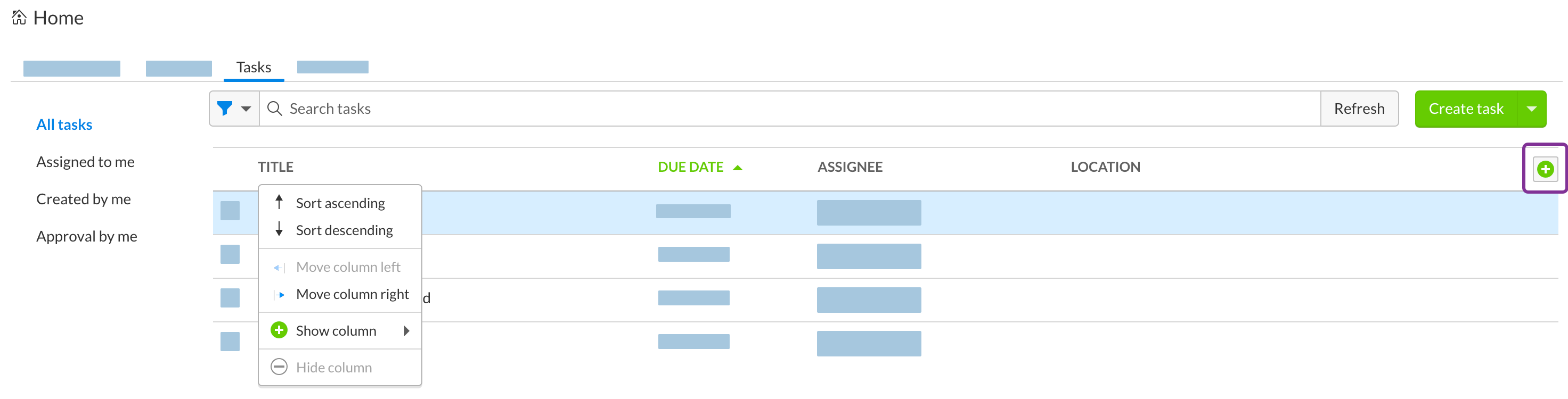 Customize your view of the tasks list
