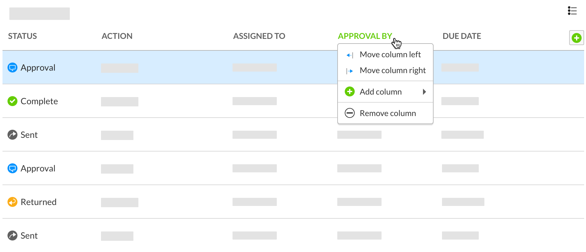 Click on a column heading to see the configuratoin options