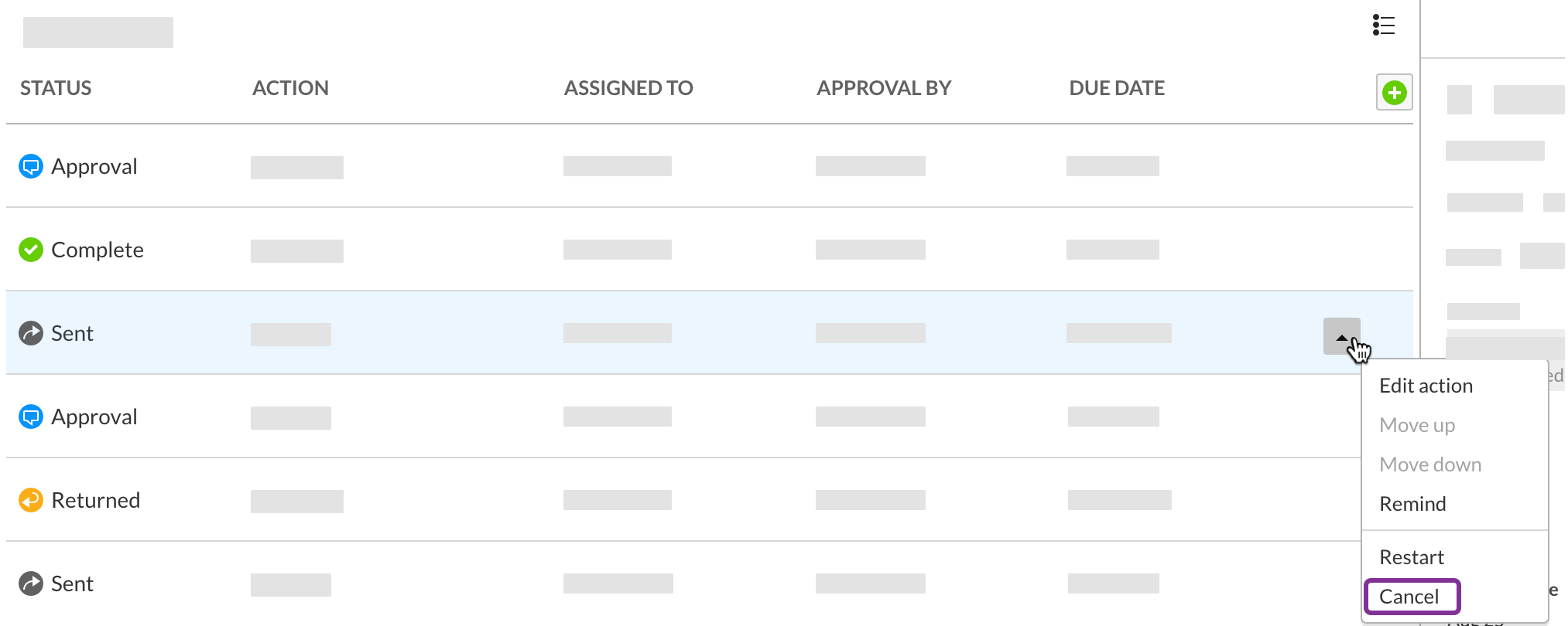 Click the drop-down arrow and select Cancel