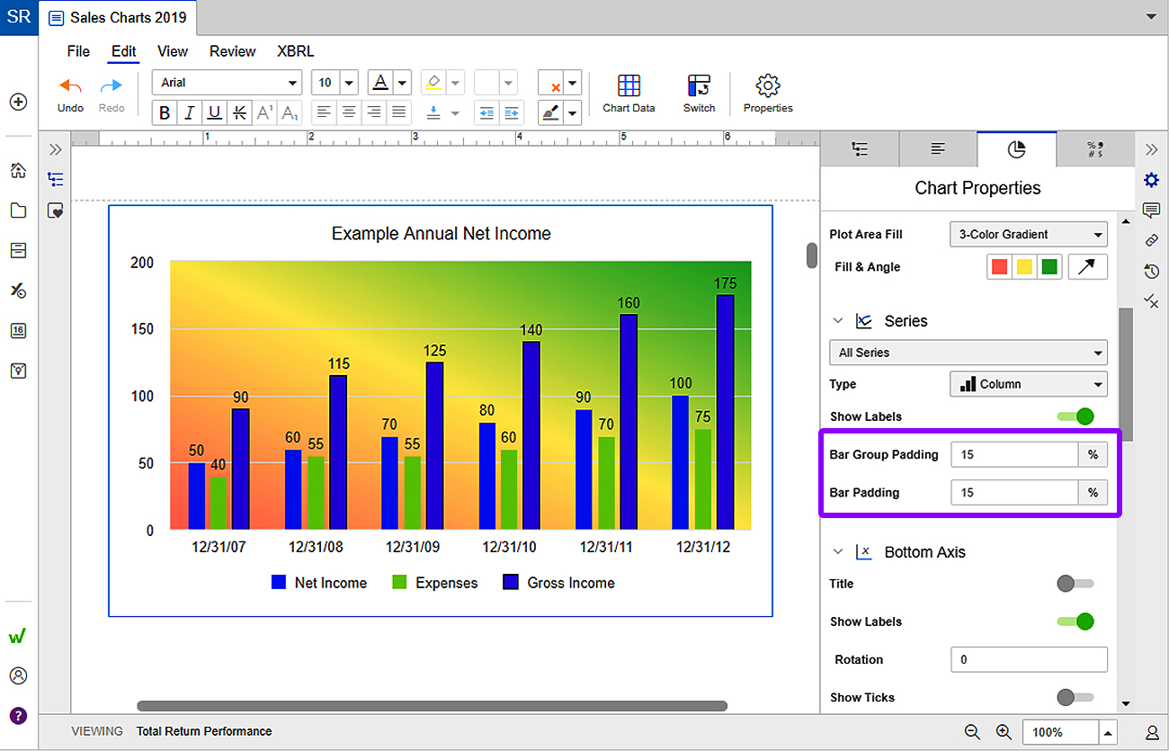 column and bar padding in charts