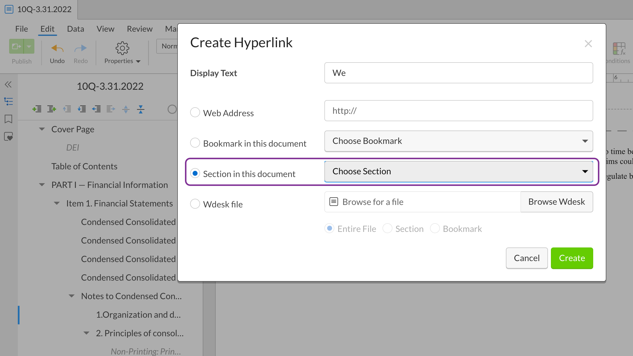 Hyperlink in the table of contents