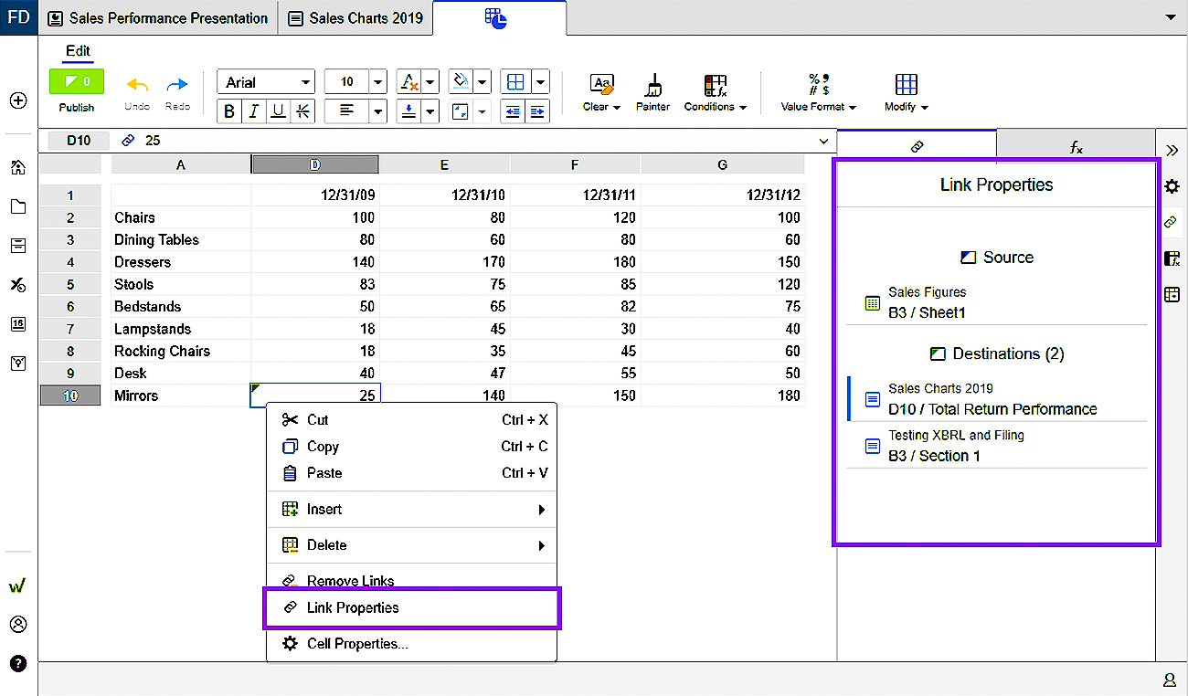 link properties in charts