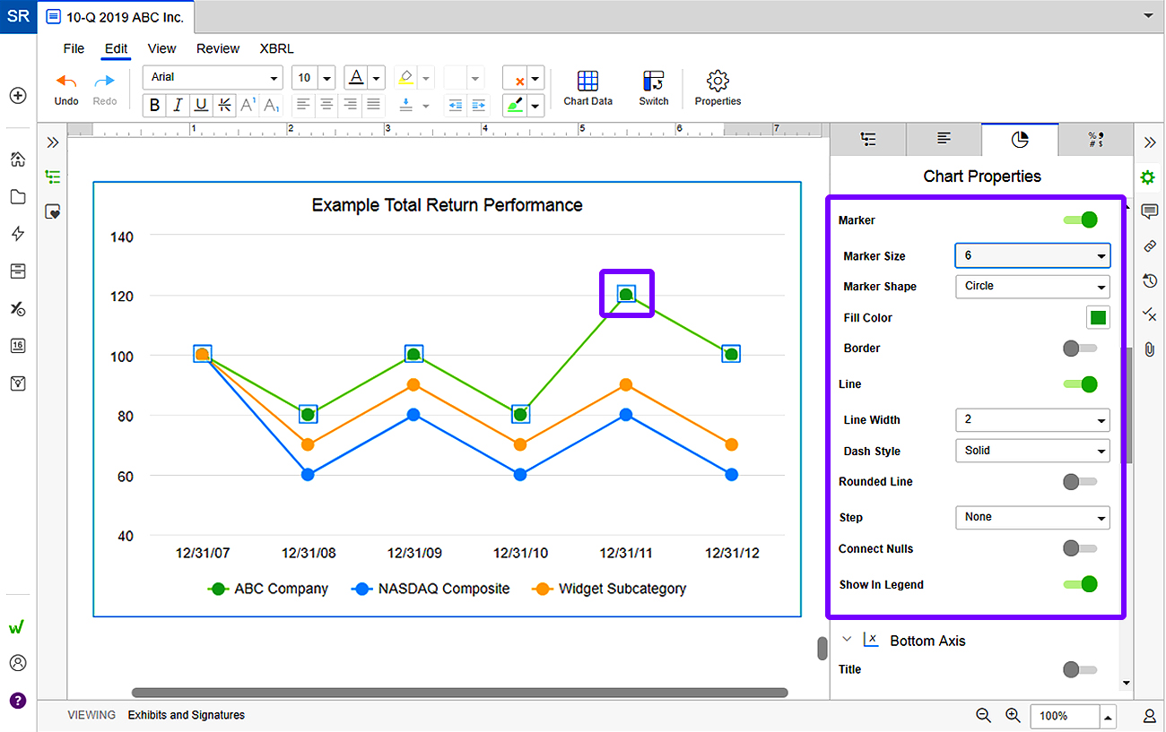 adjust settings for line and area charts in Workiva